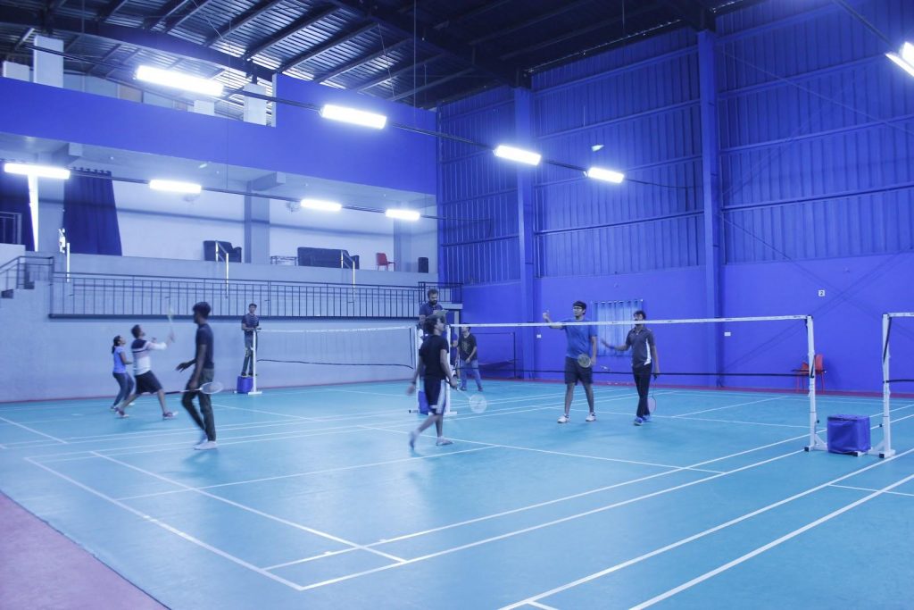 An indoor badminton court